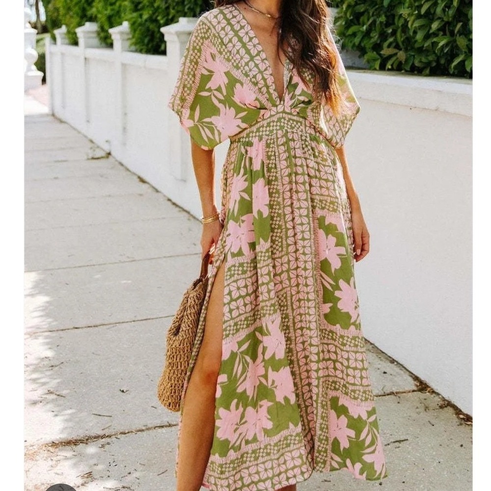 NWOT VICI Womens Green Pink Tropical Floral V-Neck Maxi Dress Large